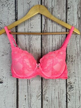 Victoria’s Secret Bright Pink Body by Victoria Bra Lined Demi 36C Lacy Overlay